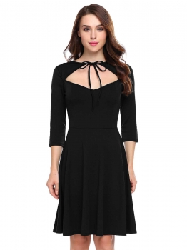 

Black Tie Neck Keyhole 3"4 Sleeve Dress, Multicolor