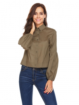 

Army green Women Fashion Long Lantern Sleeve Solid Casual Short Button Down Shirt, Multicolor