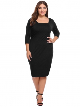 

Black Square Collar Solid Pencil Dress Plus Size, Multicolor