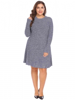 

Blue Plus Size Long Sleeve Loose Fit Knitted Sweater Dress, Multicolor