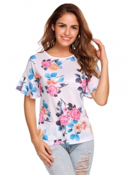 

White O-Neck Short Sleeve Floral Basic Tops, Multicolor