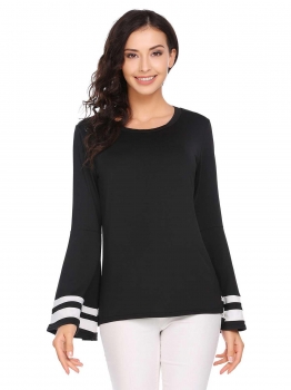 

Black Contrast Color O-Neck Trumpet Long Sleeve Tops, Multicolor