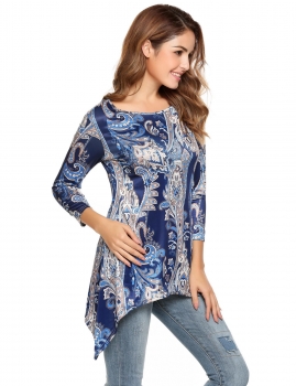 

Blue O-Neck 3"4 Sleeve Prints Asymmetrical Hem Tunics, Multicolor