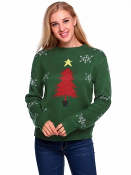 

Green Long Sleeve O Neck Christmas Print Pullover Sweaters, Multicolor