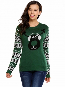 

Green O-Neck Long Sleeve Slim Christmas Print Sweater, Multicolor