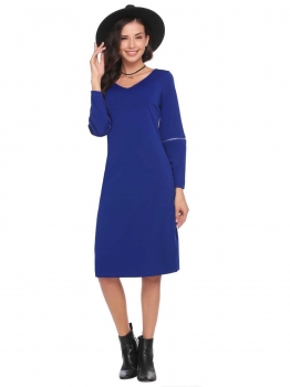 

Blue V-Neck Long Zipper Sleeve Solid Pencil Dress, Multicolor