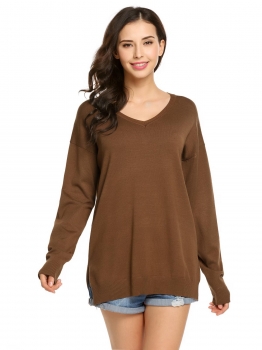 

Coffee Solid Long Sleeve V-neck Loose Pullover Knitted Sweater, Multicolor