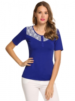 

Blue O-Neck Short Sleeve Lace Patchwork Buttoned Tops, Multicolor