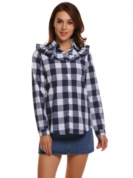 

Plaid Button Down Collar Long Sleeve Ruffle Shirt, Multicolor