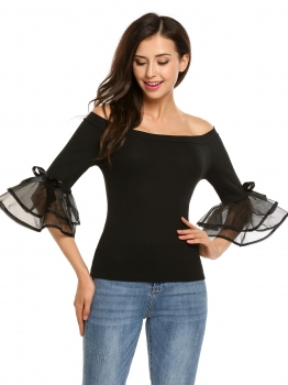 

Black Flare Sleeve Patchwork Off the Shoulder Slim Tops, Multicolor