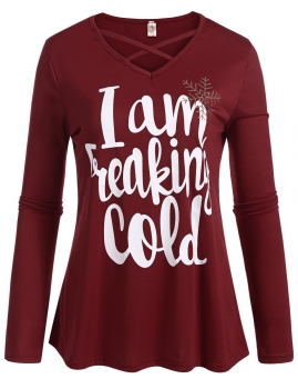 

Women Fashion Cross V-Neck Long Sleeve Letter Print Casual T-Shirt, Multicolor