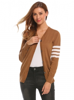 

Brown Casual V-Neck Long Sleeve Patchwork Button Warm Cardigan, Multicolor