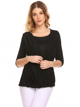 

Black Women Fashion Draped O-Neck Long Sleeve Patchwork Casual Tops, Multicolor