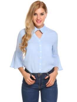 

Light blue Women Casual Solid Flare Sleeve Button Front Hollow Chiffon Shirt Blouse, Multicolor