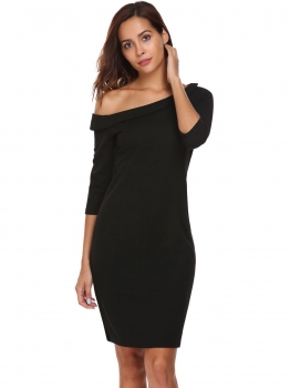 

Black One Shoulder 3"4 Sleeve Solid Slim Dress, Multicolor