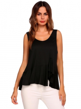 

Black Sleeveless Solid Asymmetric Ruffle Hem Tank Tops, Multicolor