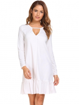 

White Keyhole Ruffled Hem Solid Dress, Multicolor