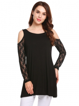 

Black Women Casual O-Neck Cold the Shoulder Lace Patchwork Sexy Blouse T-shirt Tops, Multicolor