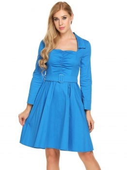 

Blue Vintage Style Square Collar Long Sleeve Solid Pleated Dress, Multicolor