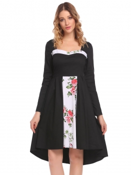 

Black Women Halter Square Neck Long Sleeve Vintage Style Printed Patchwork Swing Casual Dress, Multicolor