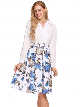 

Blue Long Sleeve Button Floral Patchwork Swing Shirt Dress with Belt, Multicolor