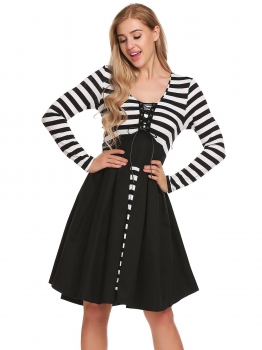 

Black V-Neck Long Sleeve Striped Patchwork Swing Dress, Multicolor