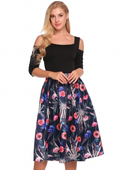 

Navy blue Cold Shoulder 3"4 Sleeve Floral Patchwork Dress, Multicolor