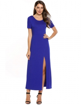 

Blue Short Sleeve Bodycon Split Hem Maxi Dress, Multicolor