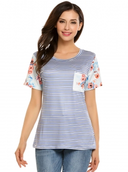 

Blue Short Sleeve Stripe Patchwork Front Pocket T-Shirt, Multicolor
