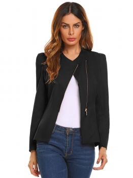 

Black Women Oblique Zipper Slim Fit Long Sleeve Suit Solid Coat Jacket Blazer Outwear, Multicolor