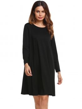 

Black O Neck Long Sleeve Solid Loose Mini Dress, Multicolor