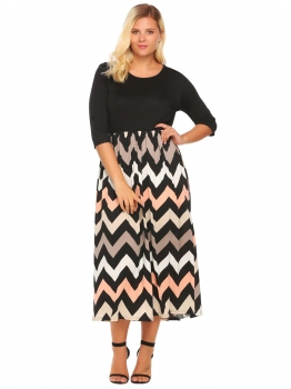 

Black Plus Size 3"4 Sleeve Wave Patchwork Dress, Multicolor
