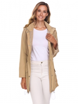 

Khaki Detachable Hooded Long Sleeve Lightweight Coat with Belt, Multicolor