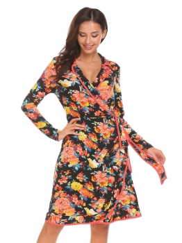 

Black Wrap Long Sleeve Floral Loose Slim Waist Dress, Multicolor