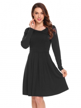 

Black Women Fashion V-Neck Long Sleeve Solid Slim Waist A-Line Dress, Multicolor