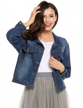 

Blue Turn Down Collar 3"4 Sleeve Embroidery Denim Jackets, Multicolor