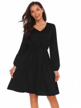 

Black Lantern Sleeve Solid Fit and Flare Dress, Multicolor