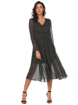 

Black Long Sleeve Dot Chiffon Dress with Belt, Multicolor