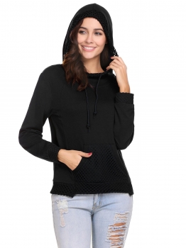 

Black Women Casual Hooded Long Sleeve Mesh Trimmed Pullover Hoodie Sweatshirt Tops, Multicolor