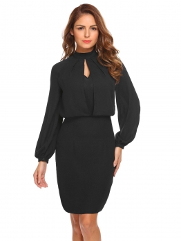 

Black Stand Collar Long Sleeve Split Chiffon Package Hip Business Party Dress, Multicolor