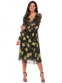 

Black Long Sleeve Ruffles Floral Chiffon Dress, Multicolor