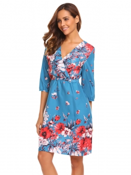 

Blue Floral Print 3"4 Sleeve Knee Length V Neck Drawstring Waist Wrap Casual Dress, Multicolor