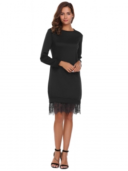 

Black O-Neck Long Sleeve Solid Lace Hem Dress, Multicolor