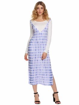 

Blue Long Sleeve Split Print Dress, Multicolor