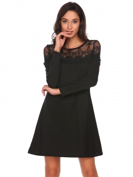 

Black Women Lace Patchwork Long Sleeve A-Line Casual Short Dress, Multicolor