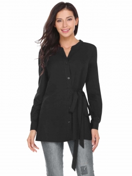 

Black Solid V-Neck Long Sleeve Waist Wrap Band Button Shirt, Multicolor