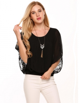 

Black O-Neck Batwing Half Sleeve Floral Lace Tops, Multicolor
