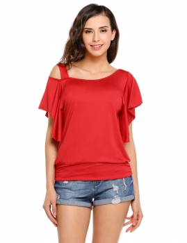 

Red Oblique Collar Ruffle Short Sleeve Solid Tops, Multicolor