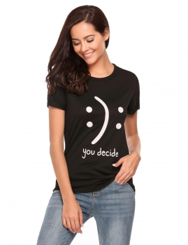 

Black O-Neck Short Sleeve Smile Face Print Basic T-shirt, Multicolor