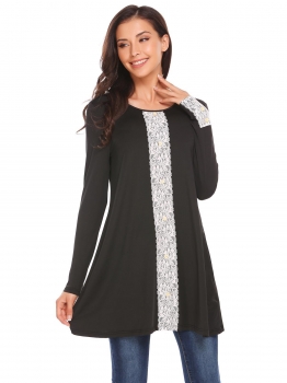 

Black Lace Patchwork Buttoned Long Sleeve Loose Tops, Multicolor